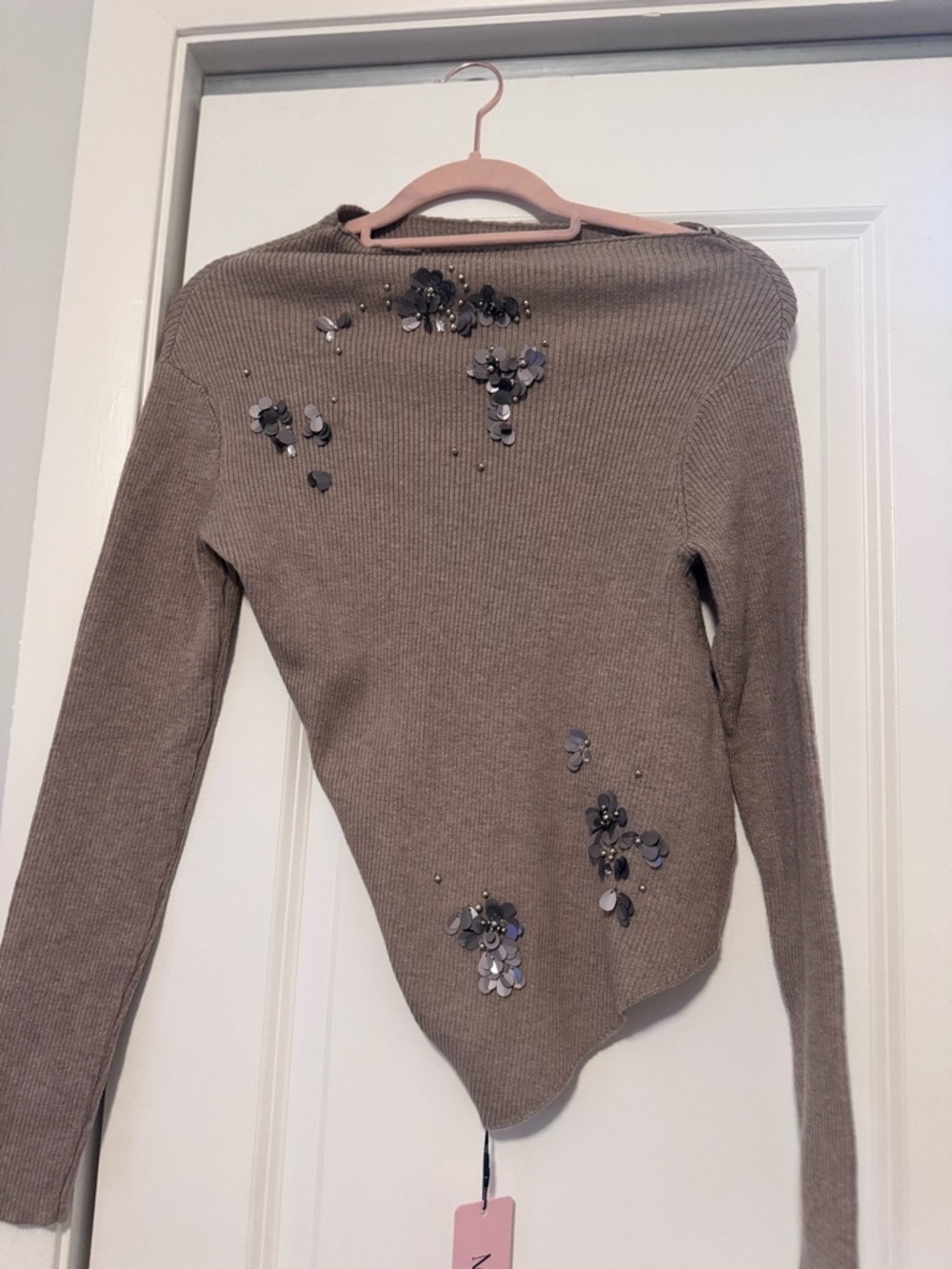 Embellished Off-the-Shoulder Taupe Sweater
